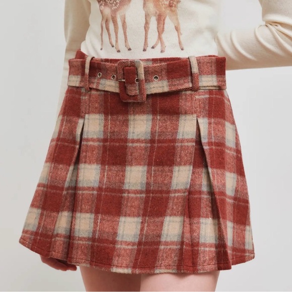 Cider Dresses & Skirts - Cider Plaid Pleated Skort w/ Belt Size 6 Red Brown Preppy Fall Mini Skirt